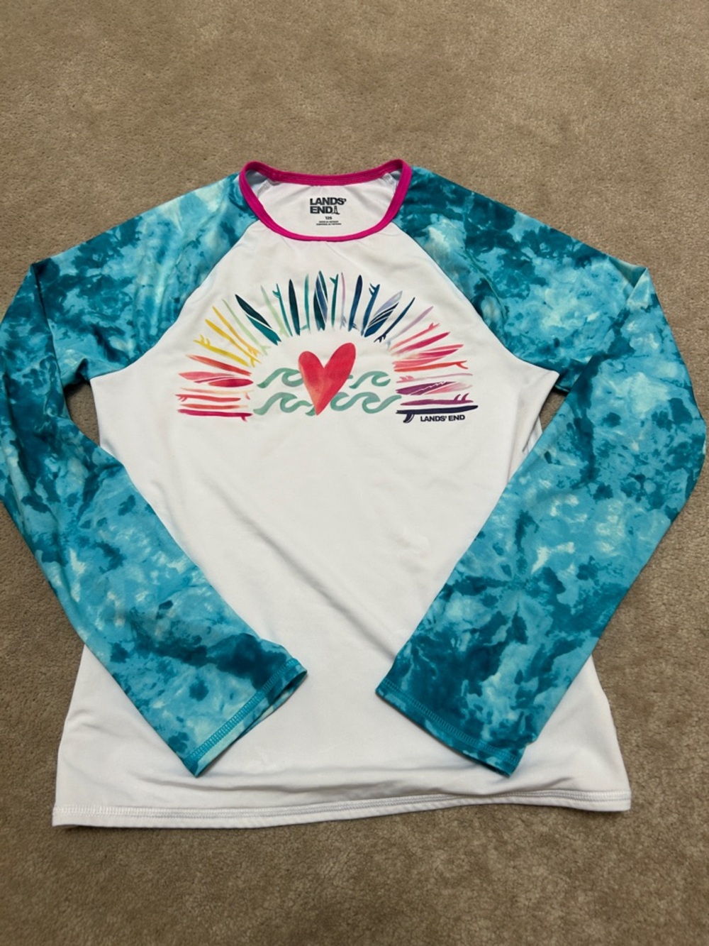 Lands' End Girl's swim tee Rashguard long sleeve Top Turquoise Tie-Dye Pink Trim